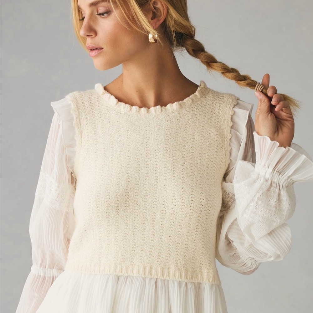 Anthropologie Cream Knit Sleeveless Top with Sheer Sleeves
